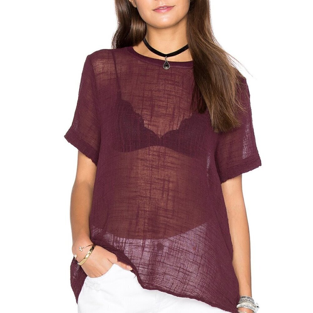Enza Costa Cotton Gauze Short Sleeve Trapeze Top Blouse Burgundy Size 0/XS